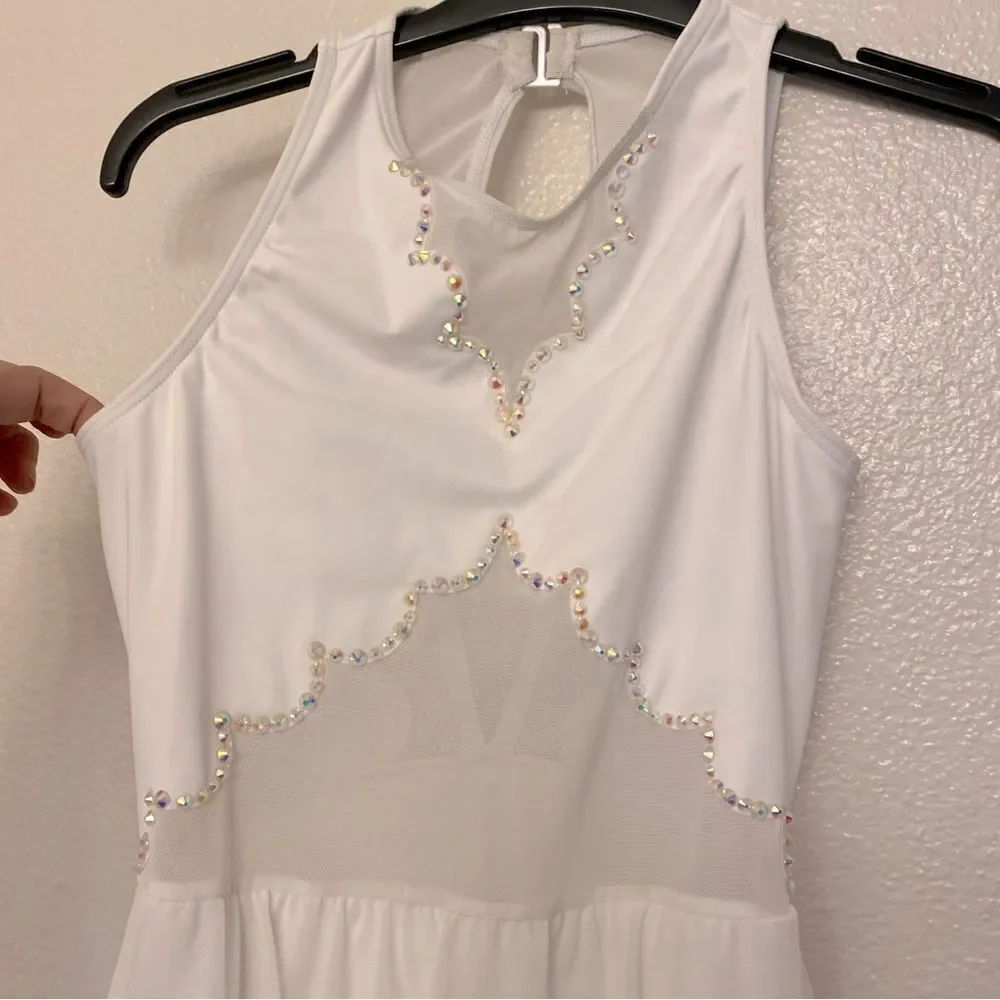 WEISSMAN solo custom Dance white Costume rhinestoned Scallop Hem Dress D10958 LC